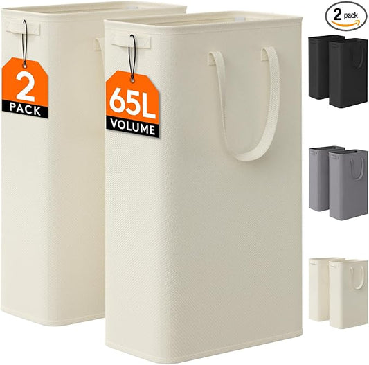 Lifewit 2 Pack Slim Laundry Hamper, Collapsible Narrow Laundry Basket, Small Tall Dirty Clothes Hampers with Handles for Bathroom Bedroom College Dorm, White, 65L