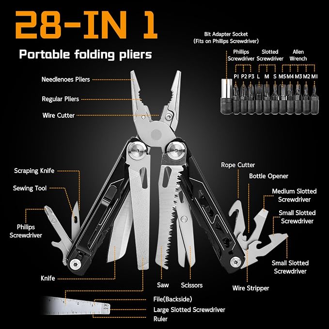 28-in-1 Multitool Pliers with Scissors,Saw, Screwdrivers,Rope Cutters,Can Opener,File,Carrying Pouch,Stainless Steel Pocket Multi-Tool Ideal for Camping Survival Toolkit and Gift for him