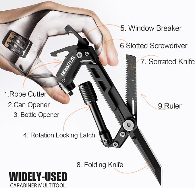 Carabiner Multitool 8-in-1 EDC Carabiners Pocket Knife for Camping, Black | Gifts for Men, Folding Serrated Knife, Bottle Opener, Rope Cutter, Screwdriver, Ruler, Survival Gear for Hiking Packs Carry