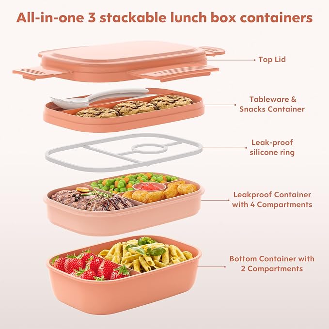 HOMETALL Bento Box Adult Lunch Box,3 Stackable Bento Lunch Containers for Adults/Kids, Modern Minimalist Design Bento Box with Utensil Set, Leak-Proof Lunchbox for Dining Out, Work, Picnic, School