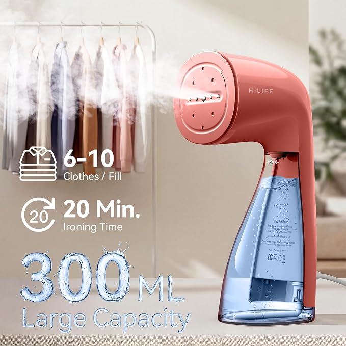 HiLIFE Steamer for Clothes, Portable Handheld Design, 240ml Big Capacity, 700W, Strong Penetrating Steam, Removes Wrinkle, for Home, Office and Travel(ONLY FOR 120V) (Rose Pink)