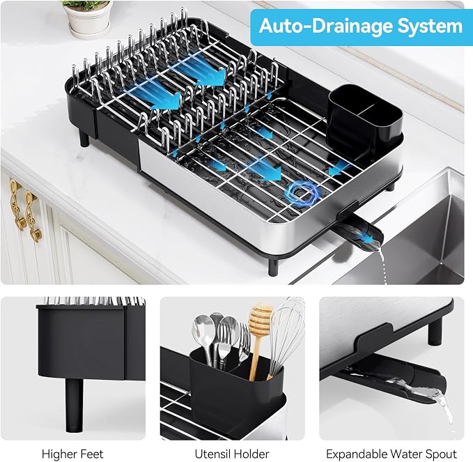 Urackify Dish Drying Rack - Dish Drainer for Kitchen Counter, Stainless Steel Dish Rack with Swivel Draining Spout & Drain Board, Expandable Space-Saving Kitchen Dish Organizer for 3-4 People, Black