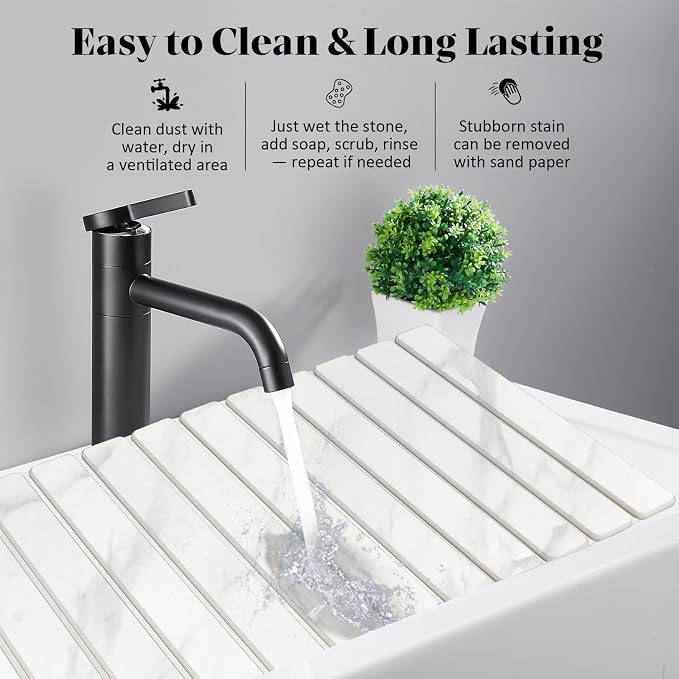 Extra Large Stone Dish Drying Mat for Kitchen Counter, 28"×16" Marble-Pattern Mat with 8"x 4" Coasters, Non - Slip Collapsible Absorbent Mat for Multi - Purpose, Match Any Countertop【White】