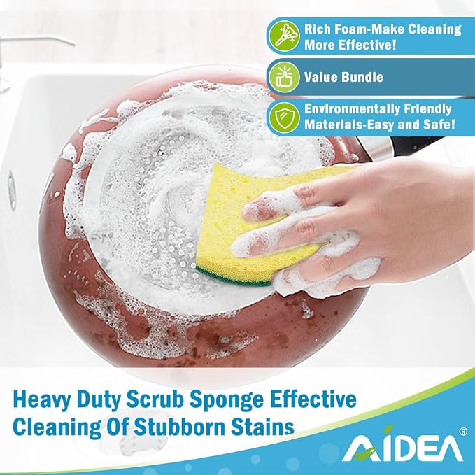 AIDEA Sponges Kitchen, Heavy-Duty Scrub Sponge, 12Count, Sponges for Dishes | Kitchen Sponge for Non-Coated Cookware, Scrubbing Power for Tough Messes, Cleaning Sponge for Kitchen, Bathroom, Household