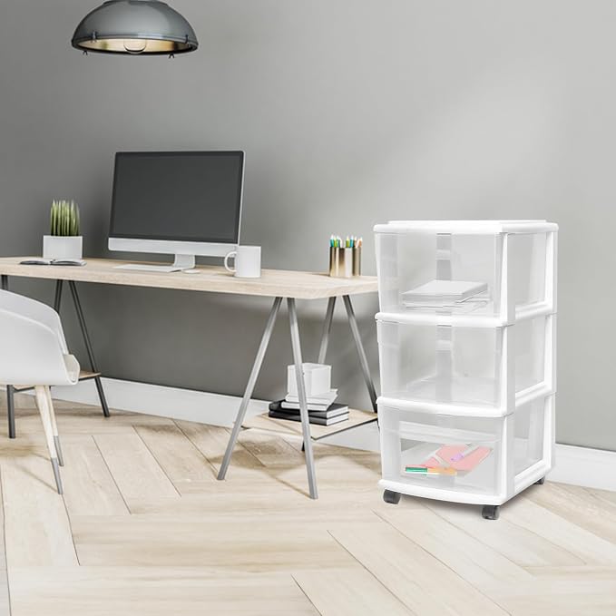 HOMZ Drawer Tower 3-Tier Storage Cart, Removable Wheels, White Frame,2 Pack | Plastic Organizer with Clear Bin Drawers for Bedrooms, Bathrooms, Home Offices, and Dorm Rooms