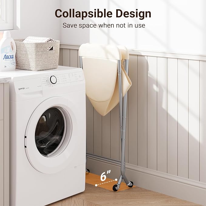 ELYKEN Laundry Basket with Wheels, Collapsible Laundry Hamper, Cream | Removable Liner Bag, Foldable Design, Sturdy Metal Frame, 4 Casters, 32”H Laundry Cart for Bedroom, Bathroom & Laundry Room