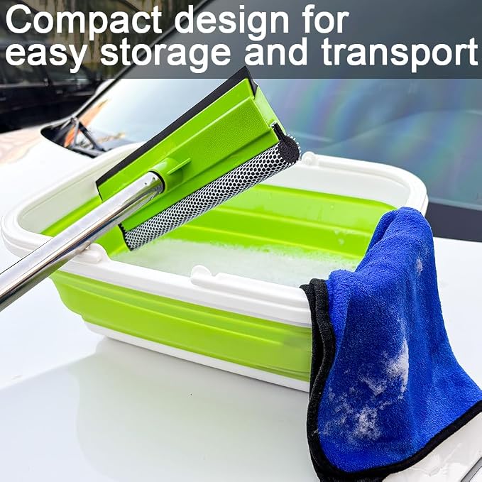 Window Cleaning Kit, Squeegee with Bucket for Windshield Cleaning, Bathroom, Shower Doors, Mirrors, Tiles, and Car Windows (Green)