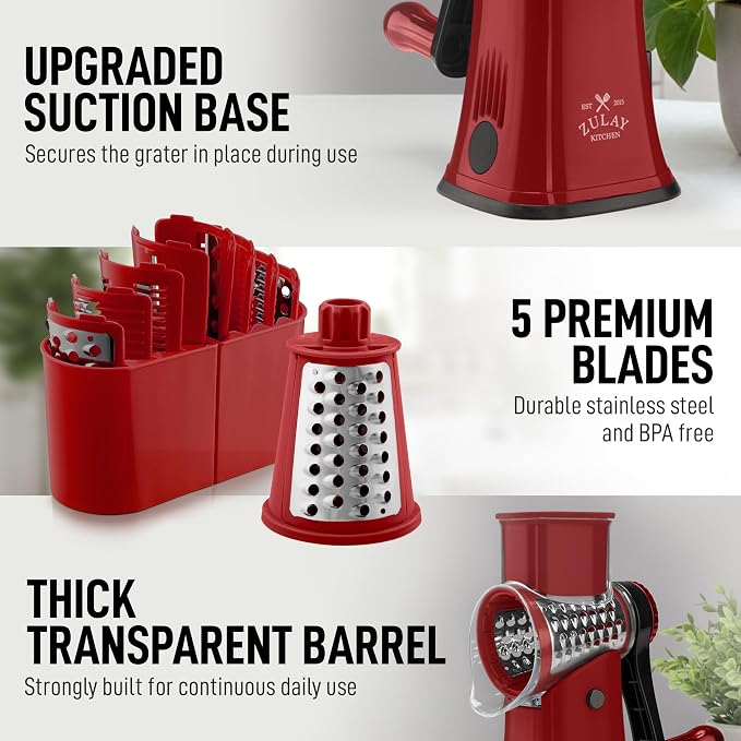 Zulay Kitchen Rotary Cheese Grater 5 Blade Cheese Shredder - Manual Hand Crank Cheese Grater With Reinforced Suction & 5 Interchangeable Drums - Easy to Use, Vegetable Chopper Round Mandoline Slicer