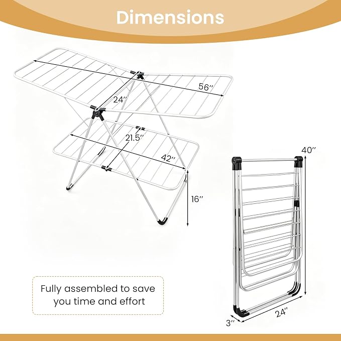 Tangkula Clothes Drying Rack Foldable, 2-Level Heavy-Duty Aluminum Laundry Drying Rack Collapsible with Height-Adjustable Wings, Space-Saving Freestanding Airer Clothing Dryer Stand for Indoor Outdoor