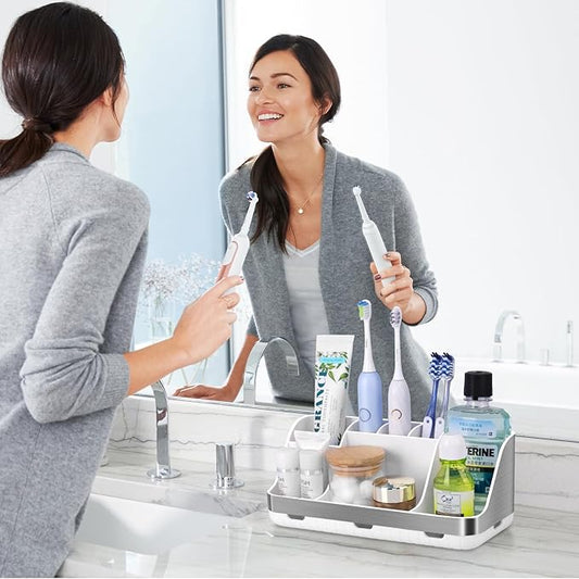 GFWARE Toothbrush Holders for Bathrooms Countertop Organizer - Kids Electric Toothbrush and Toothpaste Holder Detachable 7 Slots Tooth Brush Organization Bathroom Accessories Storage Vanity, Silver