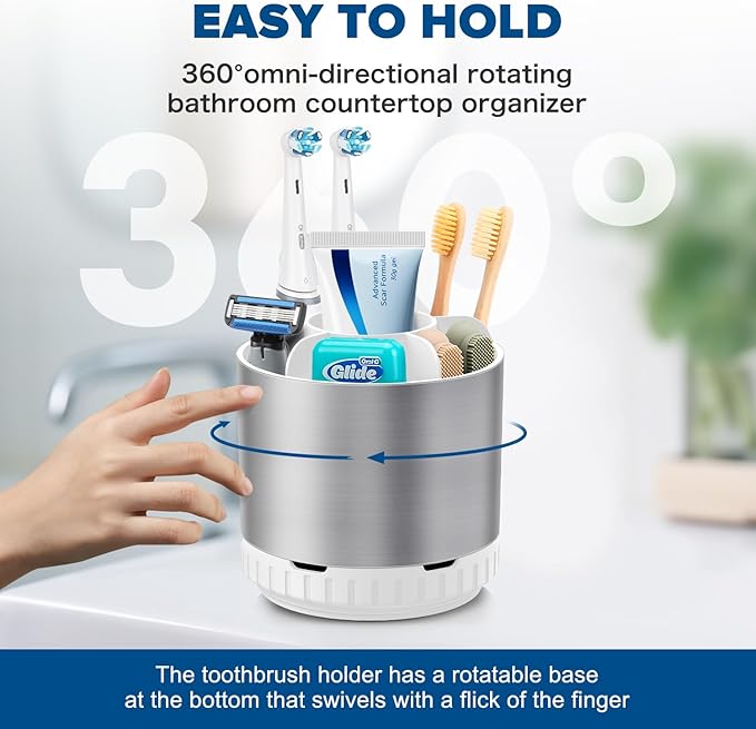 GFWARE Silver Toothbrush Holders for Bathrooms Countertop Organizer - Kids Electric Toothbrush and Toothpaste Holder Rotating Tooth Brush Organization Bathroom Sink Accessories Storage Caddy