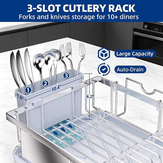 Godboat Dish Drying Rack -304 Stainless Steel Dish Rack for Kitchen Counter | Dish Drainer with Cutlery Knife Fork & Cup Rack, Auto-Drain to Sink, Gift for Wife Mothers Her, Home & Family Gadgets, Silver
