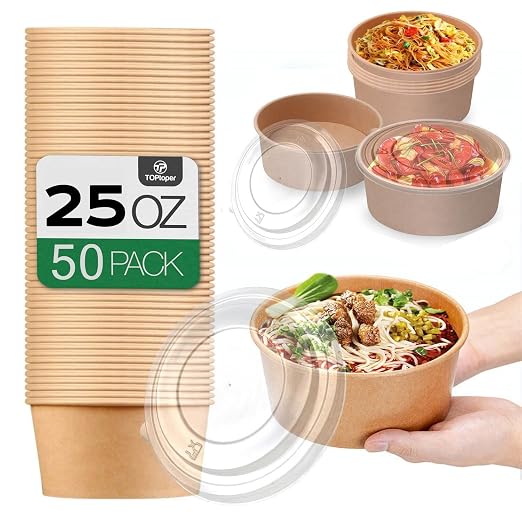 TOPtoper 50 Pack 25 Oz Large Paper Bowls with Lids, Disposable Soup Serving Bowls Bulk Party Supplies for Hot/Cold Food, Soup (25 OZ)