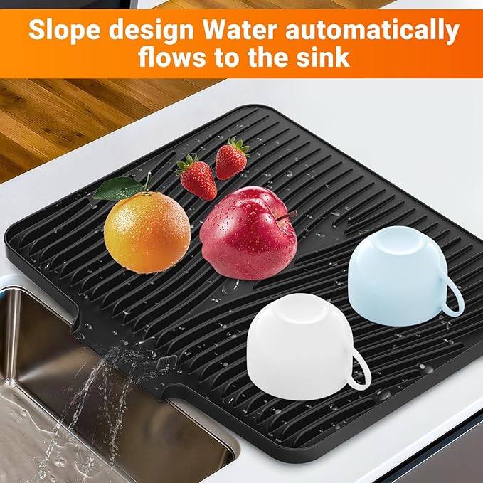 Silicone Dish Drying Mat for Kitchen counter, 15.8"x13" Extra Large Non-Slip Drain Pad with Built-in Drainage, Heat Resistant Dishwasher Safe, Black