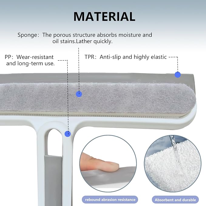 4-in-1 Shower Squeegee for Glass Doors, Silicone Window Squeegee with Foam Brush & Crevice Scraper, Small Bathroom Glass Cleaner Tool for Shower, Mirror, Tile, Window and Kitchen