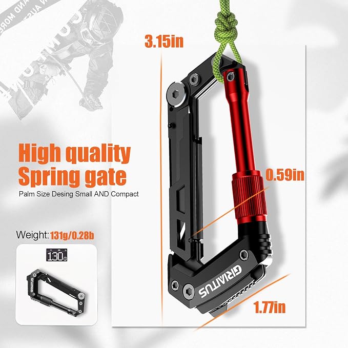 Carabiner Multitool with Pocket Knives, EDC Carabiners, for Camping Hiking | Serrated Knife, Rope Cutter, Screwdriver, Can Bottle Opener, Ruler, Keychain Knife , Gifts for Women (Red)
