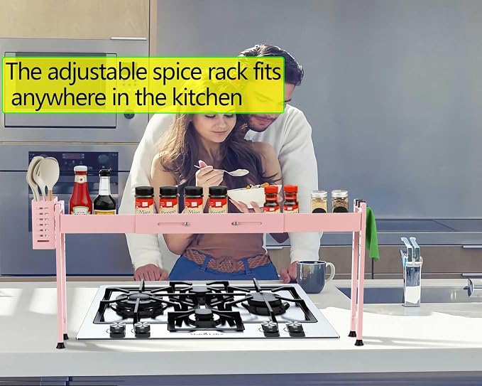 Horynar Over Stove Shelf Stove Top Organizer Shelf for Kitchen with Extra Basket and Hooks Adjustable 27 to 32 Inches Pink Over the Sink Spice Rack for Countertop (Pink)