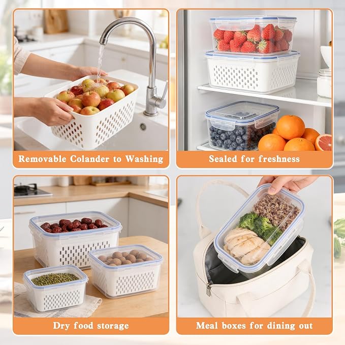 3PC 4 in 1 Food Storage Containers for Fridge with Lid,Produce Keeper with Removable Colander & Drain Basket,Airtight Leakproof Fruit Vegetable Storage Containers Transparent Kitchen Organize(S+M+L)
