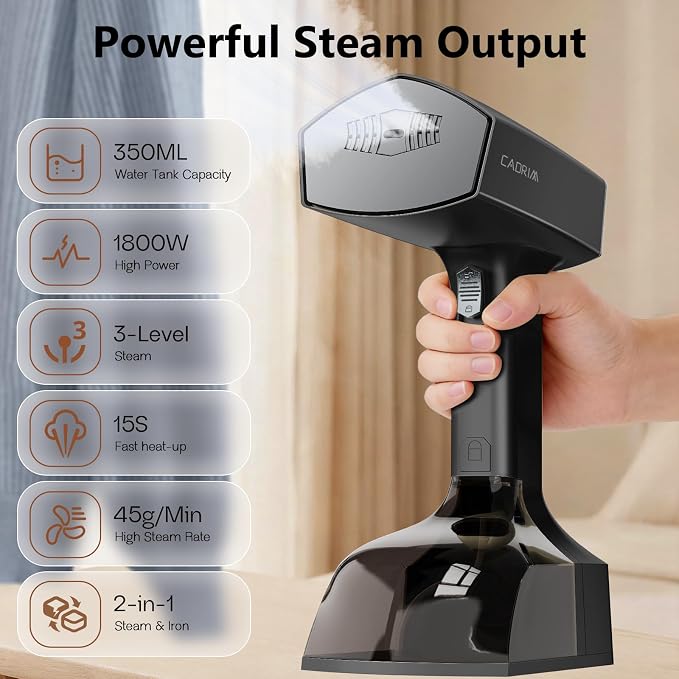 Cadrim Steamer for Clothes,Portable Handheld Fabric and Garment Steamer Iron Press Wrinkle Remover with Lint Remover & Fabric Brush – Black