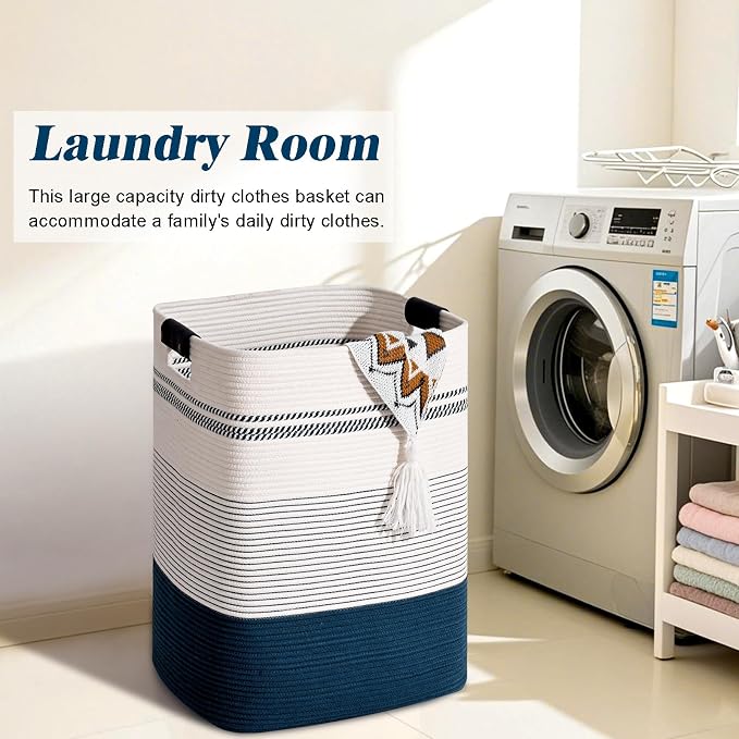 Laundry Hamper, 75L Tall Laundry Basket with Leather Handles, Rectangle Large Clothes Hamper for Organizing, Cotton Woven Laundry Baskets Storage Hampers for Bedroom, Nursery, Living Room