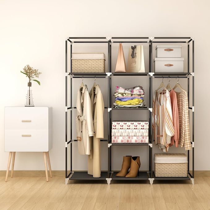 51" Portable Wardrobe Closet, Clothes Organizer, 8 Shelves 2 Rods, Black