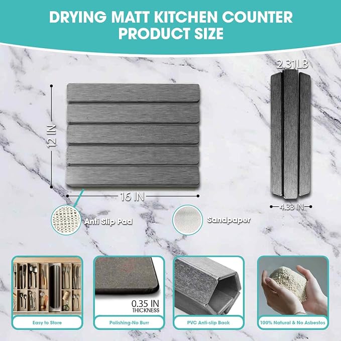 Dish Drying Mat Stone Bath Mat Diatomaceous Earth Stone Drying Mat For Kitchen Counter Sink Bath Mat Quick Dry Non Slip Foldable Dish Drying Rack Mat Small(16"×12" Dark Grey)