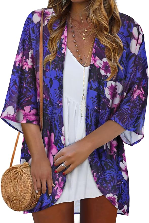 Women Kimono Cardigans Summer Cover Up Hawaiian Shirts Floral Print Tops | ROSEMIA chiffon kimono open front cardigans, beach cover ups, daily casual tops, cruise outfits, summer resort wear