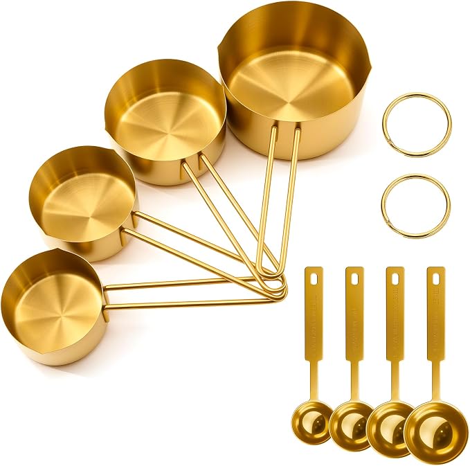 Gold 304 Stainless Steel Measuring Cup and Spoon Set, Stackable, 8-Piece, Long Handle for Narrow Bottles, Premium Gold Kitchen Utensils for Cooking and Mothers Day Gift