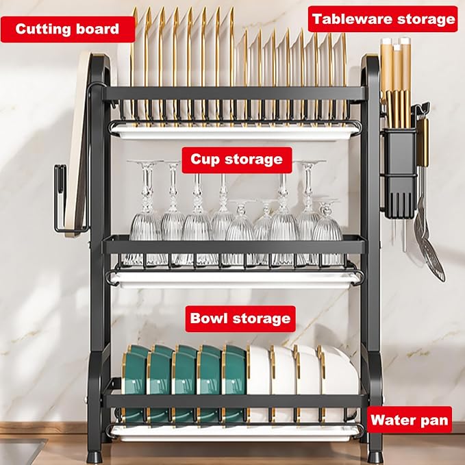 Dish Drying Rack,Dish Racks Drainer,Over The Sink Dish Drainer Drying Rack 3 Tier with Drain Tray,Chopsticks Rack,Knife Holder