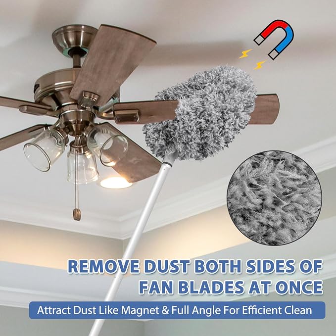 FONUNO Ceiling Fan Cleaner Duster High Ceiling Extended Fan Blade Cleaner | Reusable Microfiber Ceiling Fan Duster with Extension Handle from 13 to 50 Inch for Furniture Bookshelves Wall Door, Gray
