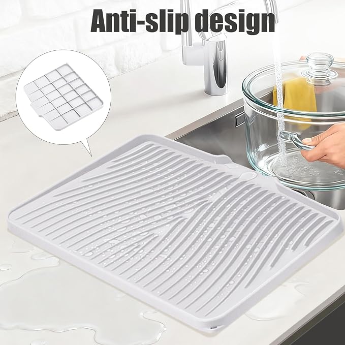 TIKNIK Silicone Dish Drying Mat for Kitchen Counter - Heat Resistant & Non-Slip Dish Drain Pad with Built-In Drain, Dishwasher Safe, Quick-Dry, Hangable & Roll-Up for Storage, White-1pcs, 20" x 15"