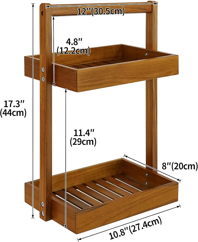 Utoplike Teak Wood Shower Caddy Corner, 2 Tier Bathroom Organizer Countertop, Standing Shower Rack with Handle, Stand Up Shower Basket for Shampoo, Shelf Rack for Inside Shower, Kitchen Desktop | Solid Shower Organizer with Handle, Stand Up Shower Bask...