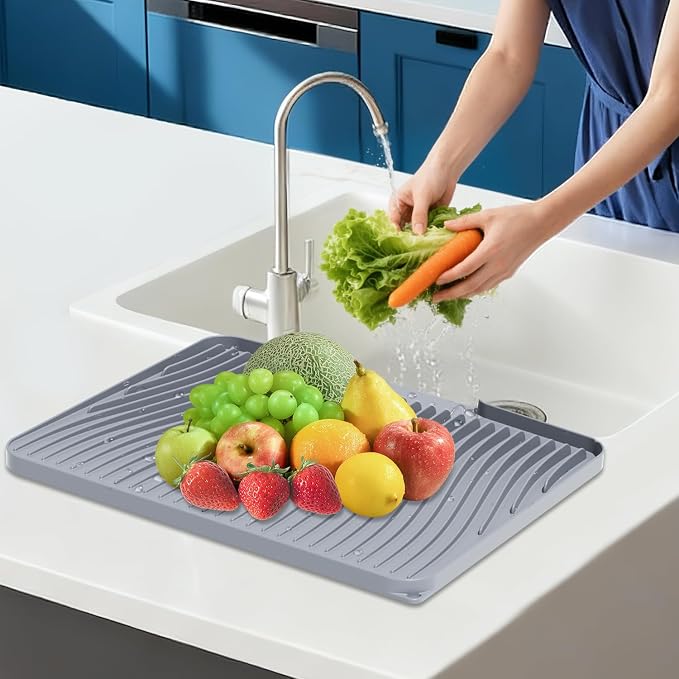 Silicone Dish Drying Mat for Kitchen counter, 15.8"x13" Extra Large Non-Slip Drain Pad with Built-in Drainage, Heat Resistant Dishwasher Safe, Grey
