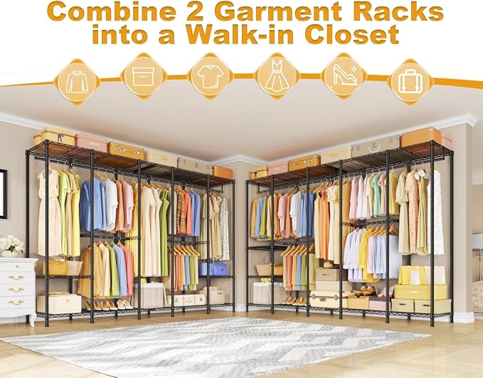 ULIFHOME Clothes Rack, Heavy Duty Garment Rack, Extra Large Portable Closet | H50 Clothing Racks for Hanging Clothes, Freestanding Wardrobe Closet 89.8'' W x 15.8" D x 76.2" H, Max Load 1400 Lbs, Black