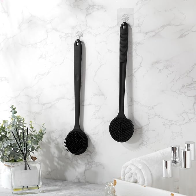 Sunnyray 2 Pack Silicone Back Scrubber for Shower with 15" Long Handle Double-Sided Bath Body Brush for Exfoliating Easy to Clean Quick Dry Deep Cleaning Lathers Well(Black)