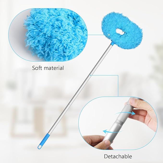 Eunice 13-50 Inches Ceiling Fan Duster with Extension Pole | Extendable Microfiber Cleaning Brush for High Ceiling,Blades,Cobwebs,Adjustable Dusting Tool for Window,Door(2 Dusters Blue)