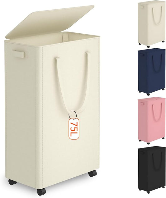 Slim Laundry Hamper with Wheels,20 Gal (75L) Rolling Laundry Basket with lid and wheels Clothes Hamper Foldable Tall Dirty Clothes Basket Sturdy Collapsible Clothes Hamper for Dorm,Laundry Room