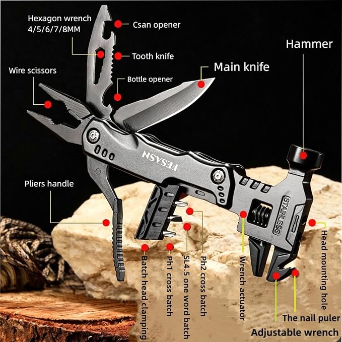 Adjustable Wrench Multitool Hammer, 16 in 1 | Pocket Multi Tool Pliers, Stainless Steel, Survival Camping Multi Tool, Home DIY & Everyday Use
