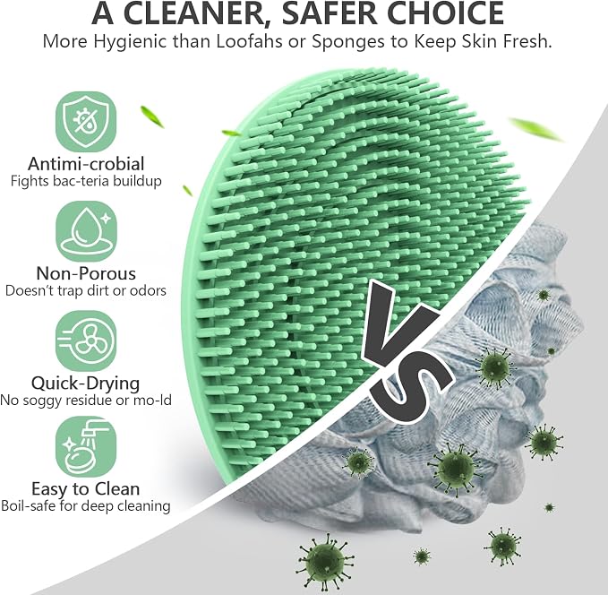 Silicone Body Scrubber 4 Pack, BEAUTAIL Gentle Exfoliating Shower Scrubber | Hygienic Silicone Loofah, Easy-Grip Handle, Soft Bath Brush for Sensitive Skin, Women, Men & Kids (Black+Gray+Pink+Green)