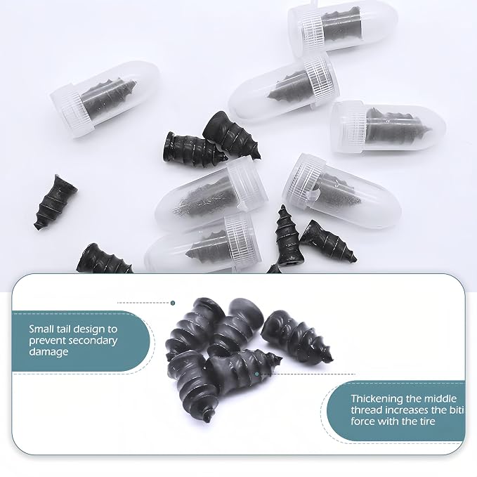 60 PCS Tire Repair Rubber Nail, Vacuum Tire Repair Kits Spiral Rubber Screws, Fast Self-Service Tool for Car, Truck, Motorcycle, Tractor Tire Puncture Repair (Black)