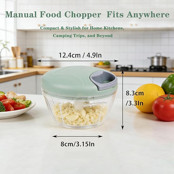 LGURT Garlic Chopper with Container, Manual Food Chopper Pull-String, Vegetable Onion Mincer, Hand Food Processor, Kitchen Cutter for Chili Ginger Herb Seasoning, Green 500ml