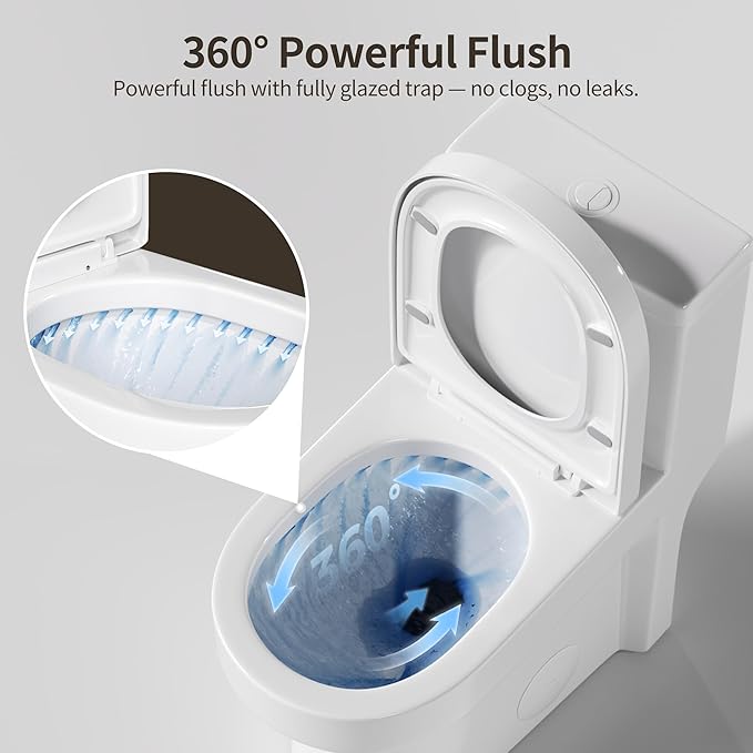 DeerValley Small One Piece Toilet with Soft Closing and Seat White Flush Button 12 Inch Rough-In Compact Toilets for Tight Spaces