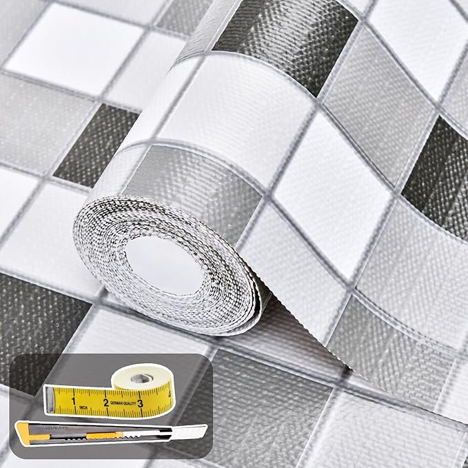 Drawer and Shelf Liner for Kitchen Cabinet: 12 in X 30 Ft Non Slip | Waterproof Shelf Paper Non Adhesive Refrigerator Liners Gray Mosaic Easy Liners for Bathroom