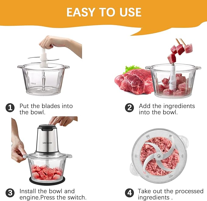 Liebe&Lecker Electric Food Chopper, 350W Food Processor with 2 Bowls | Dual 8-Cup Stainless Steel Meat Grinder, 2-Speed Vegetable Chopper with 4 Sharp Blades for Nuts, Puree Recipes, Zero BPA