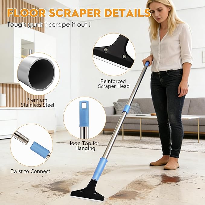 Heavy-Duty Floor Scraper with Long Handle (37''-51.5''), 4-Inch Metal Scraper Cleaning Tool, Comes with 10 Blades, Suitable for Cleaning Walls, Glass, Adhesives, Chewing Gum, and Ceilings