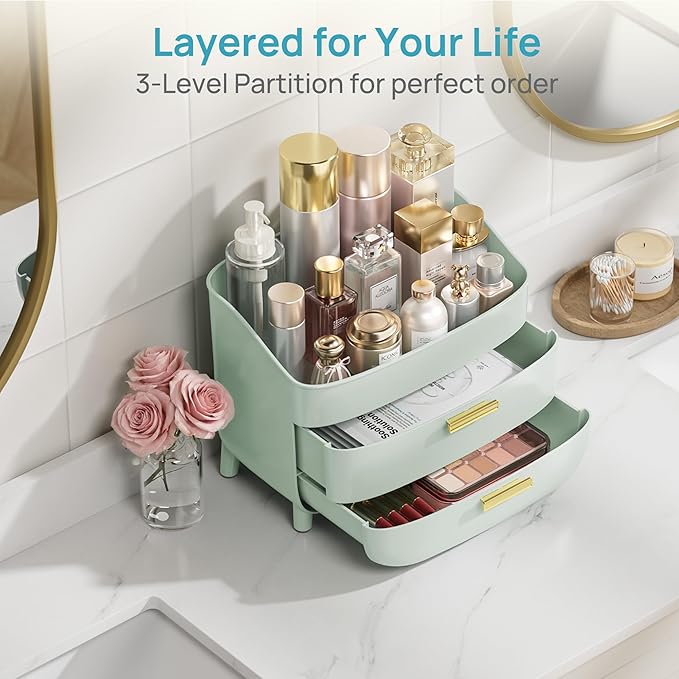 Vtopmart 3-Tier Skincare Makeup Organizer with Drawers, Green | For Vanity and Bathroom Countertop, with Drawers, Large Cosmetic Storage Box Case, , Non-Slip Base