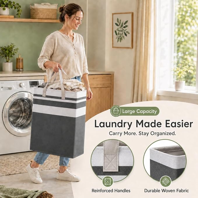 2 Pack Large Laundry Baskets, Laundry Hampers, Freestanding Waterproof Collapsible Clothes Basket with Easy Carry Handles in Laundry Room Bathroom Bedroom Dorm,Grey,75L