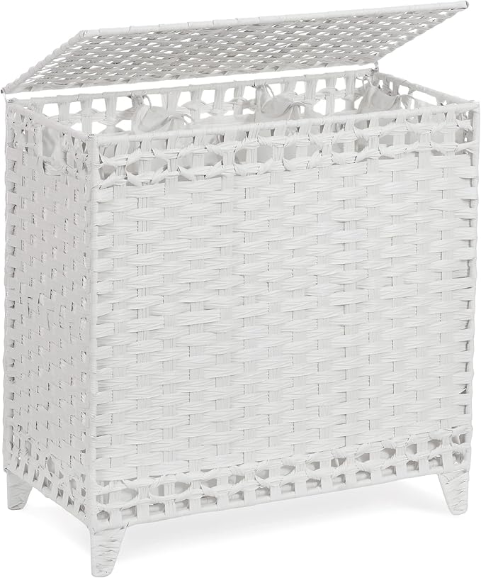 Laundry Hamper with 3 Removable Liner Bags, 132L Laundry Sorter with Lid | Raised Feet; Side Carry Handles; Handwoven PP Rattan; Rust-Resistant Iron Frame; Decorative Woven Design