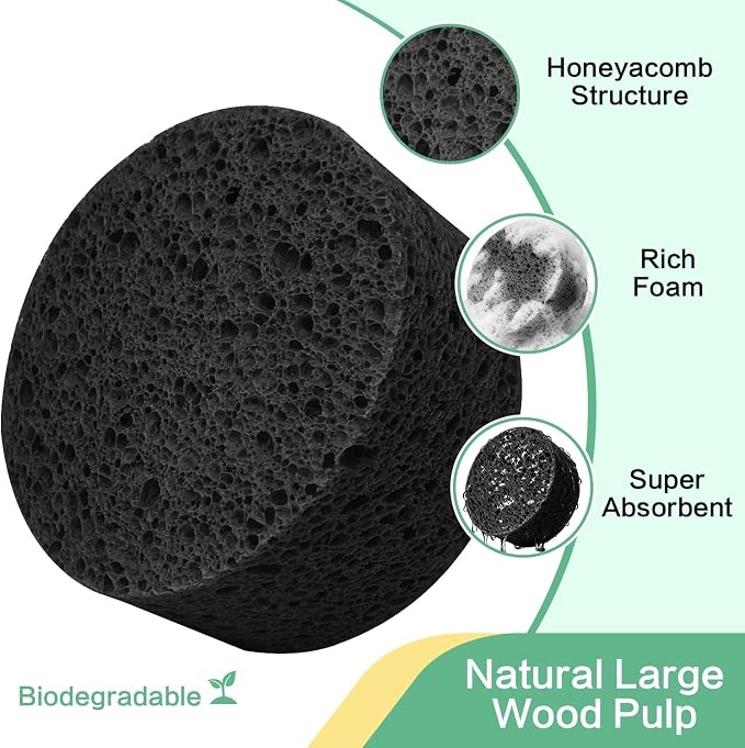 3-Pack Large Sponge, Kitchen Sponges, Handy Sponges, Cellulose Sponges, Dish Washing Sponge, Natural Sponge, Car Washing Sponge, Eco Friendly Sponge (Round, 4" X 4" X 2"), Black