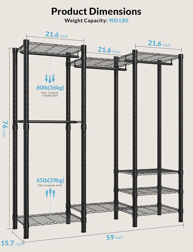 Heavy Duty Clothes Rack, Metal Garment Rack 64.8" W x 15.8" D x 76" H with Hooks, Freestanding Clothing Racks for Hanging Clothes, Portable Closet Organizer 900LBS Max Load, Easy Assembly-Black